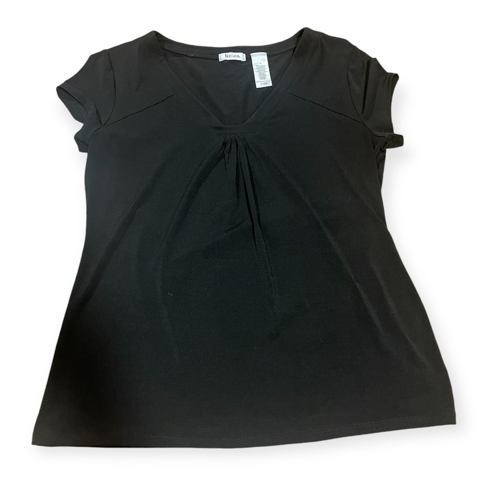 Liz & Co Gathered Neck Solid Black Short Sleeve T-shirt Blouse Medium